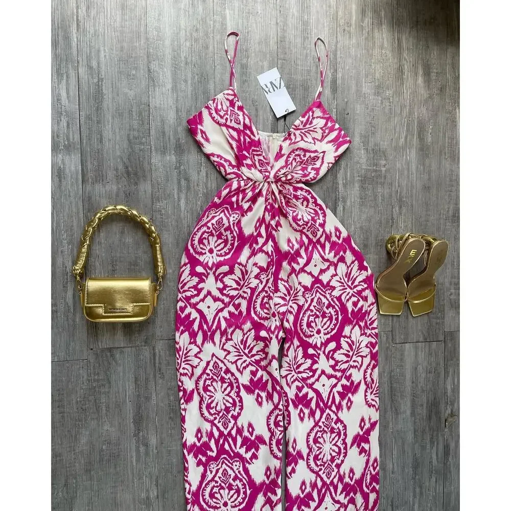 Zara NWT Pink White Cutout Wide Leg Jumpsuit M